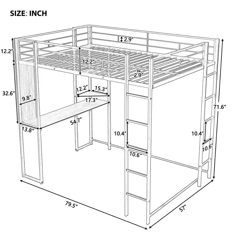 Full Size Metal Loft Bed with 2 Shelves and one Desk - ModernLuxe