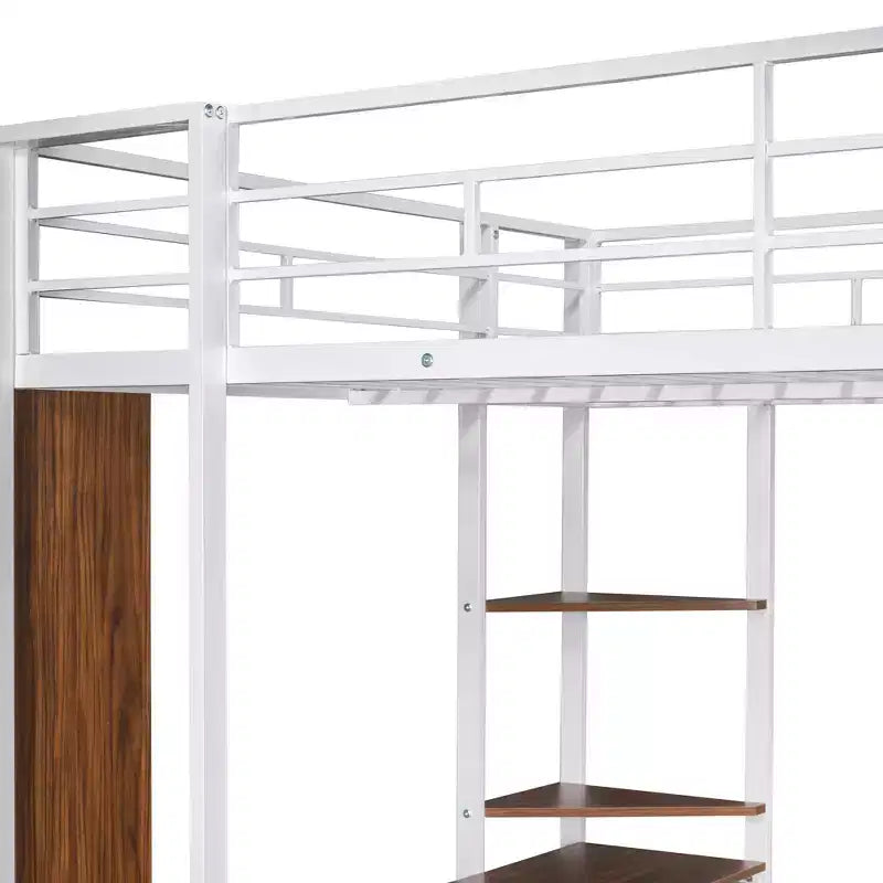 Full Size Metal Loft Bed with 2 Shelves and one Desk - ModernLuxe