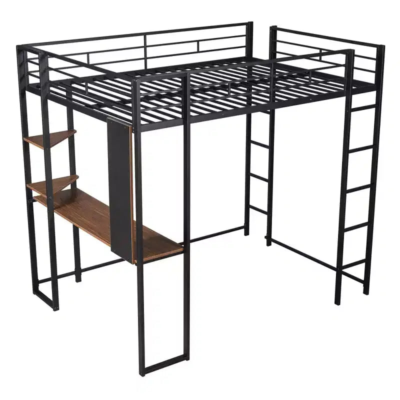 Full Size Metal Loft Bed with 2 Shelves and one Desk - ModernLuxe