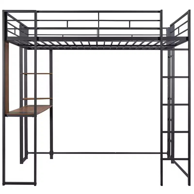 Full Size Metal Loft Bed with 2 Shelves and one Desk - ModernLuxe