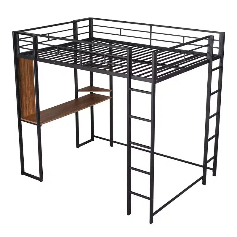 Full Size Metal Loft Bed with 2 Shelves and one Desk - ModernLuxe