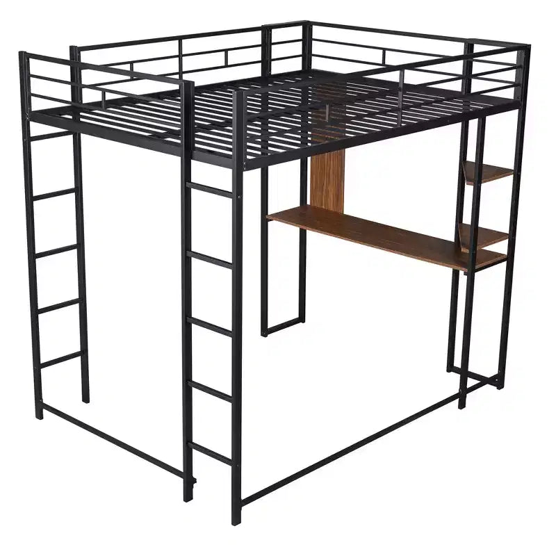 Full Size Metal Loft Bed with 2 Shelves and one Desk - ModernLuxe