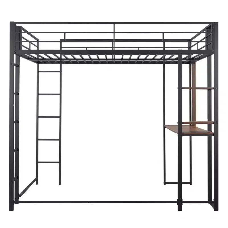 Full Size Metal Loft Bed with 2 Shelves and one Desk - ModernLuxe