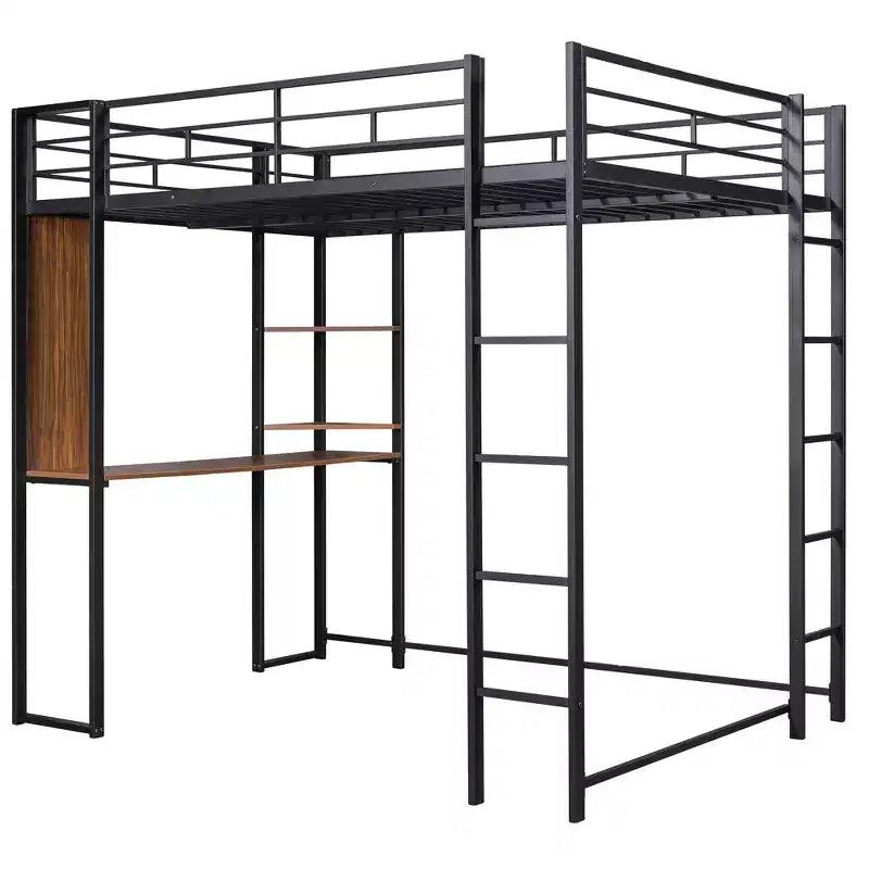 Full Size Metal Loft Bed with 2 Shelves and one Desk - ModernLuxe