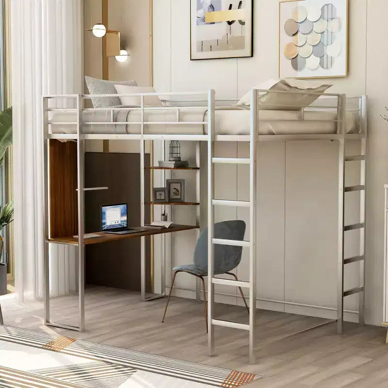 Full Size Metal Loft Bed with 2 Shelves and one Desk - ModernLuxe