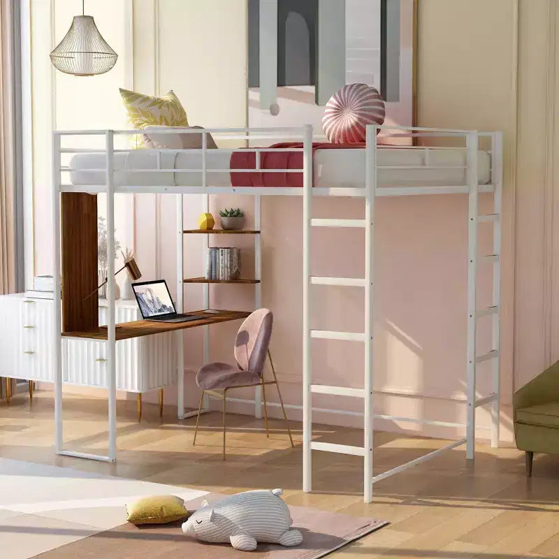 Full Size Metal Loft Bed with 2 Shelves and one Desk - ModernLuxe