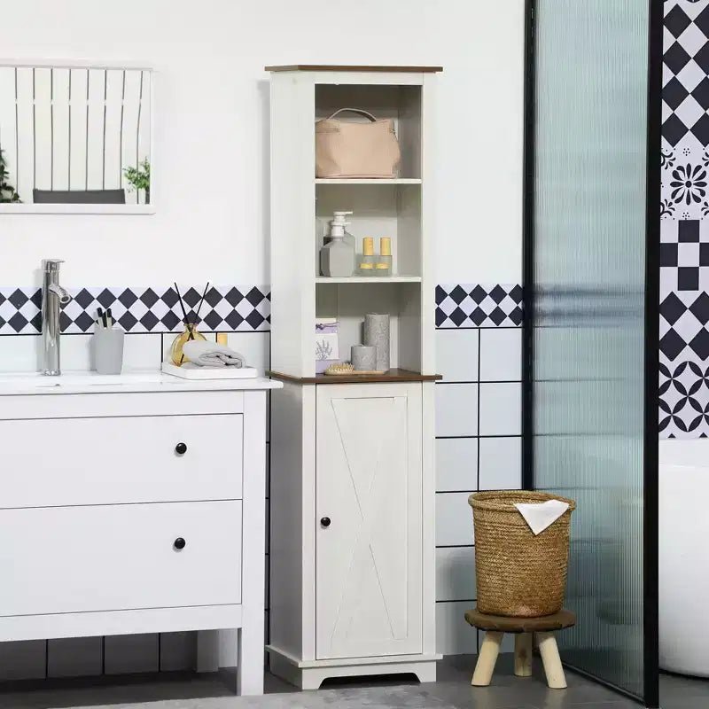 kleankin Slim Bathroom Storage Cabinet with Open Shelves & Cupboard, Freestanding Linen Tower Tall Skinny Bathroom Storage Cabinet Door Shelves, White