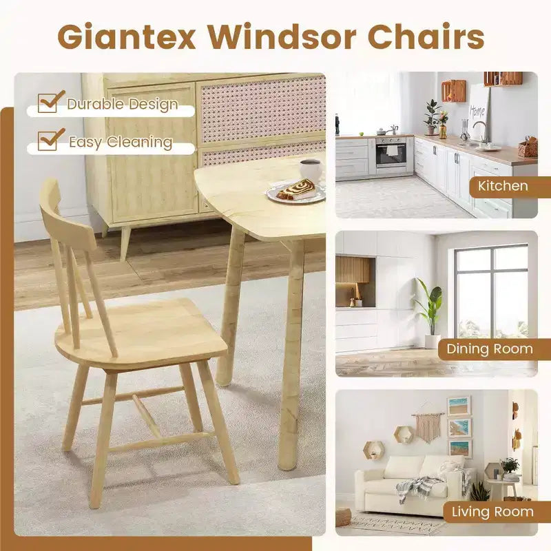 Costway Dining Chairs Set of 2 Windsor Chairs Wood Armless Chairs with Solid Rubber Wood Black/White/Natural