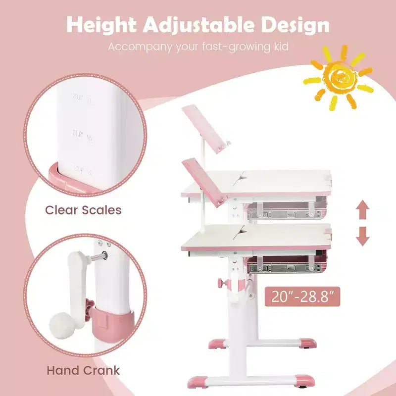 Costway Height-Adjustable Kids Desk Children Study Table with Tilt Desktop & Book Stand Blue/Pink