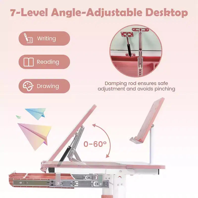 Costway Height-Adjustable Kids Desk Children Study Table with Tilt Desktop & Book Stand Blue/Pink