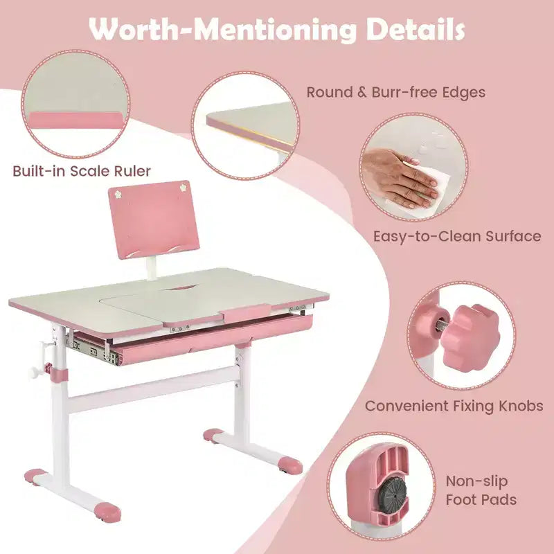 Costway Height-Adjustable Kids Desk Children Study Table with Tilt Desktop & Book Stand Blue/Pink