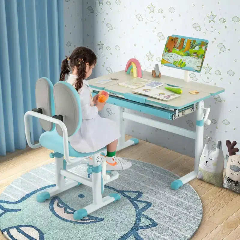 Costway Height-Adjustable Kids Desk Children Study Table with Tilt Desktop & Book Stand Blue/Pink