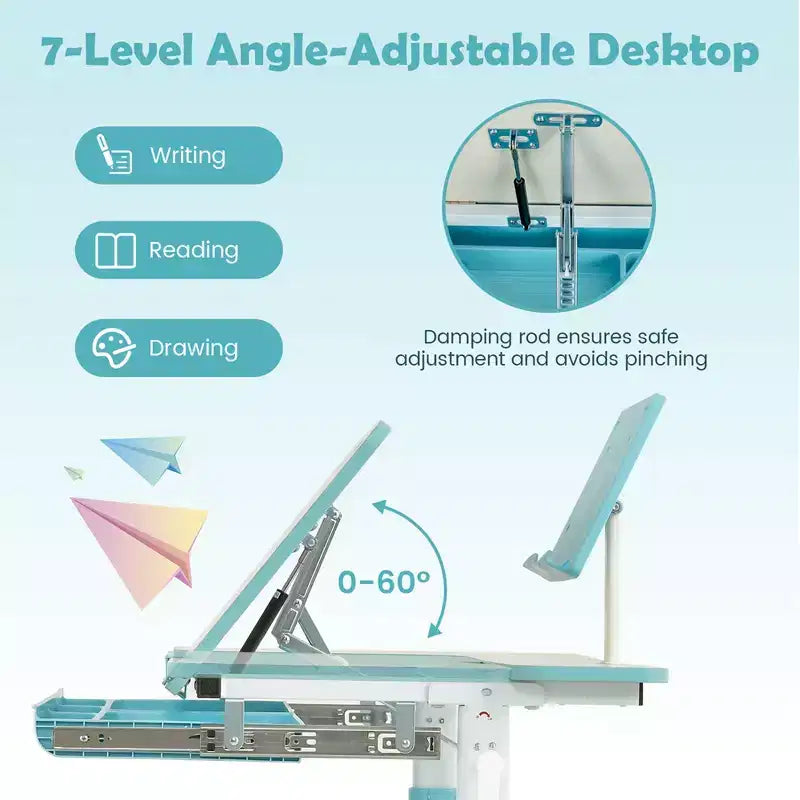 Costway Height-Adjustable Kids Desk Children Study Table with Tilt Desktop & Book Stand Blue/Pink