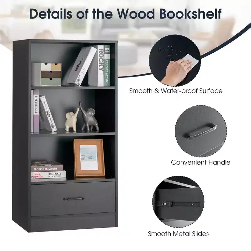 Costway 4-Tier Bookcase 48'' Display Bookshelf Storage Organizer with Shelves & Drawer Grey/White/Natural