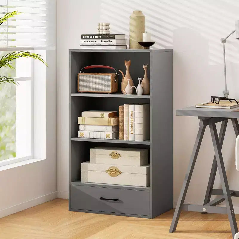 Costway 4-Tier Bookcase 48'' Display Bookshelf Storage Organizer with Shelves & Drawer Grey/White/Natural