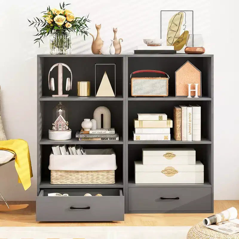 Costway 4-Tier Bookcase 48'' Display Bookshelf Storage Organizer with Shelves & Drawer Grey/White/Natural