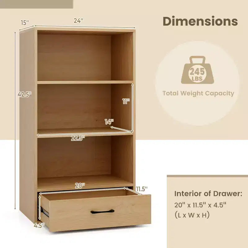 Costway 4-Tier Bookcase 48'' Display Bookshelf Storage Organizer with Shelves & Drawer Grey/White/Natural