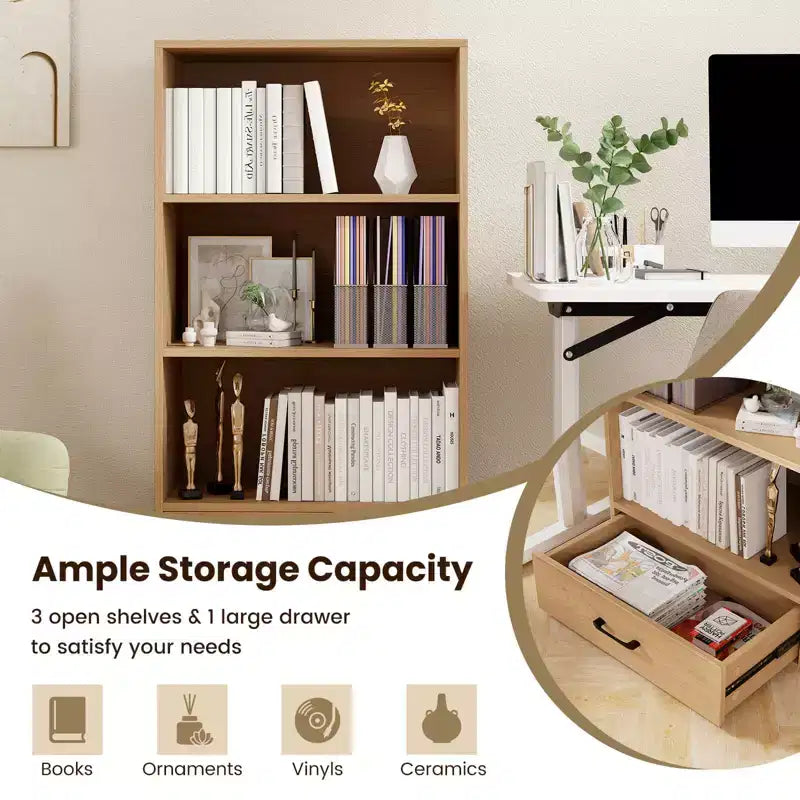 Costway 4-Tier Bookcase 48'' Display Bookshelf Storage Organizer with Shelves & Drawer Grey/White/Natural
