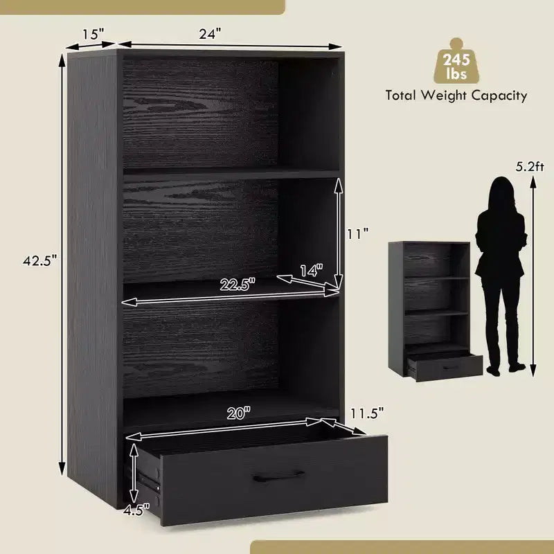 Costway 4-Tier Bookcase 48'' Display Bookshelf Storage Organizer with Shelves & Drawer Grey/White/Natural
