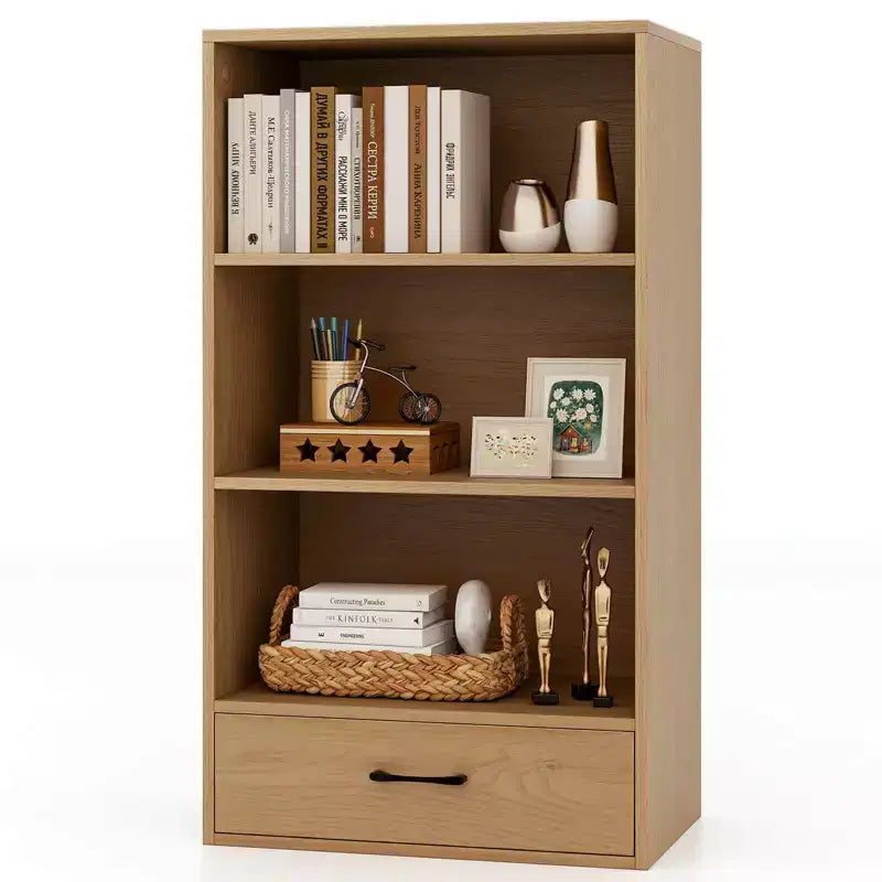 Costway 4-Tier Bookcase 48'' Display Bookshelf Storage Organizer with Shelves & Drawer Grey/White/Natural