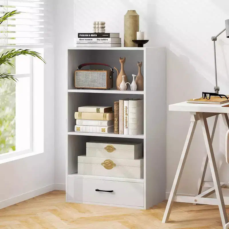 Costway 4-Tier Bookcase 48'' Display Bookshelf Storage Organizer with Shelves & Drawer Grey/White/Natural