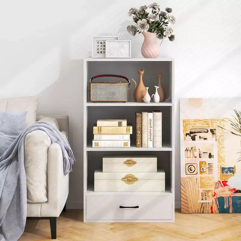 Costway 4-Tier Bookcase 48'' Display Bookshelf Storage Organizer with Shelves & Drawer Grey/White/Natural
