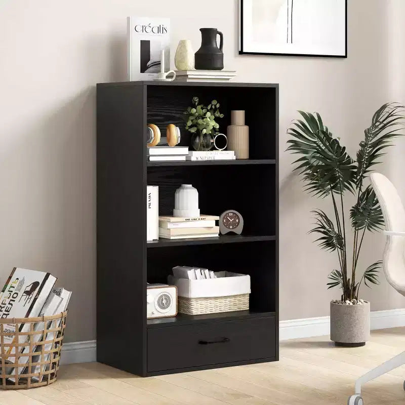 Costway 4-Tier Bookcase 48'' Display Bookshelf Storage Organizer with Shelves & Drawer Grey/White/Natural
