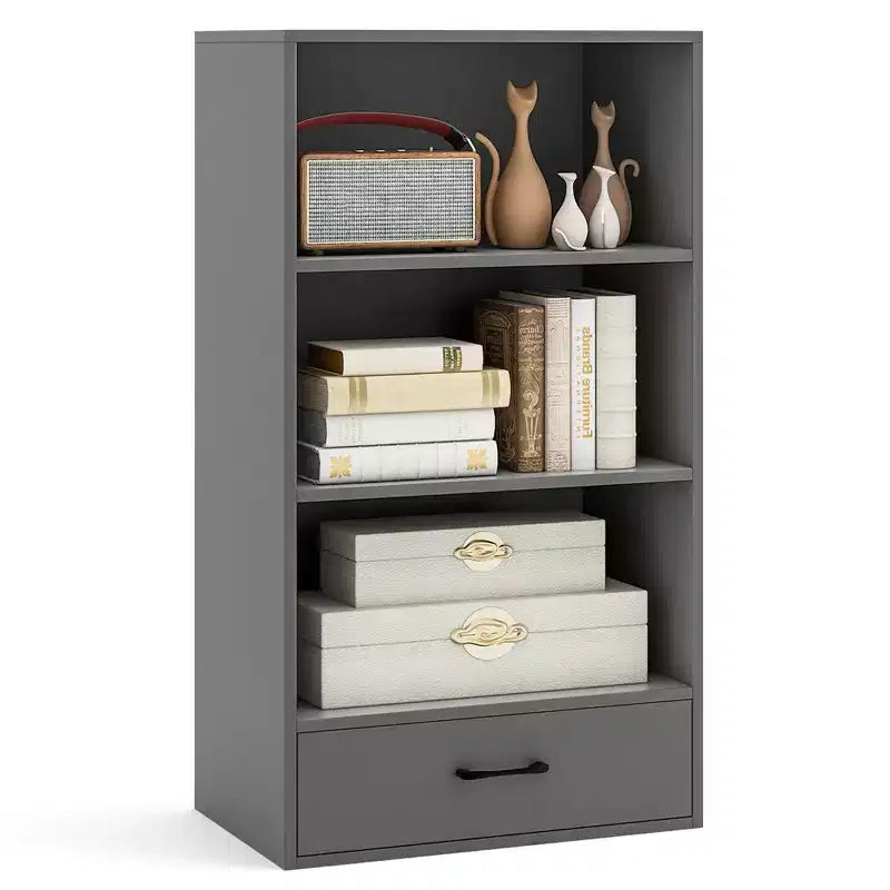 Costway 4-Tier Bookcase 48'' Display Bookshelf Storage Organizer with Shelves & Drawer Grey/White/Natural