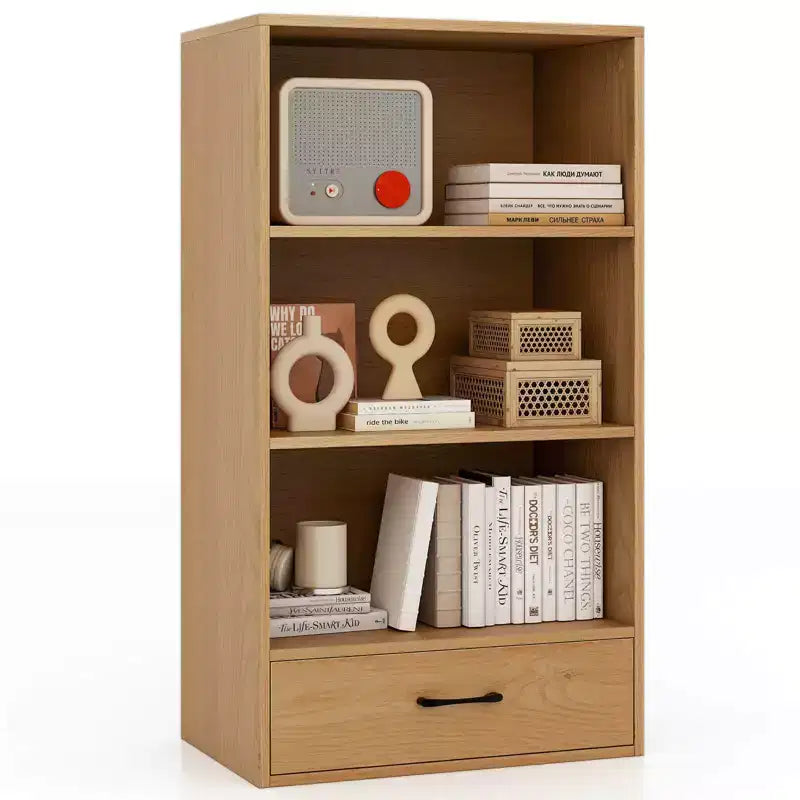 Costway 4-Tier Bookcase 48'' Display Bookshelf Storage Organizer with Shelves & Drawer Grey/White/Natural