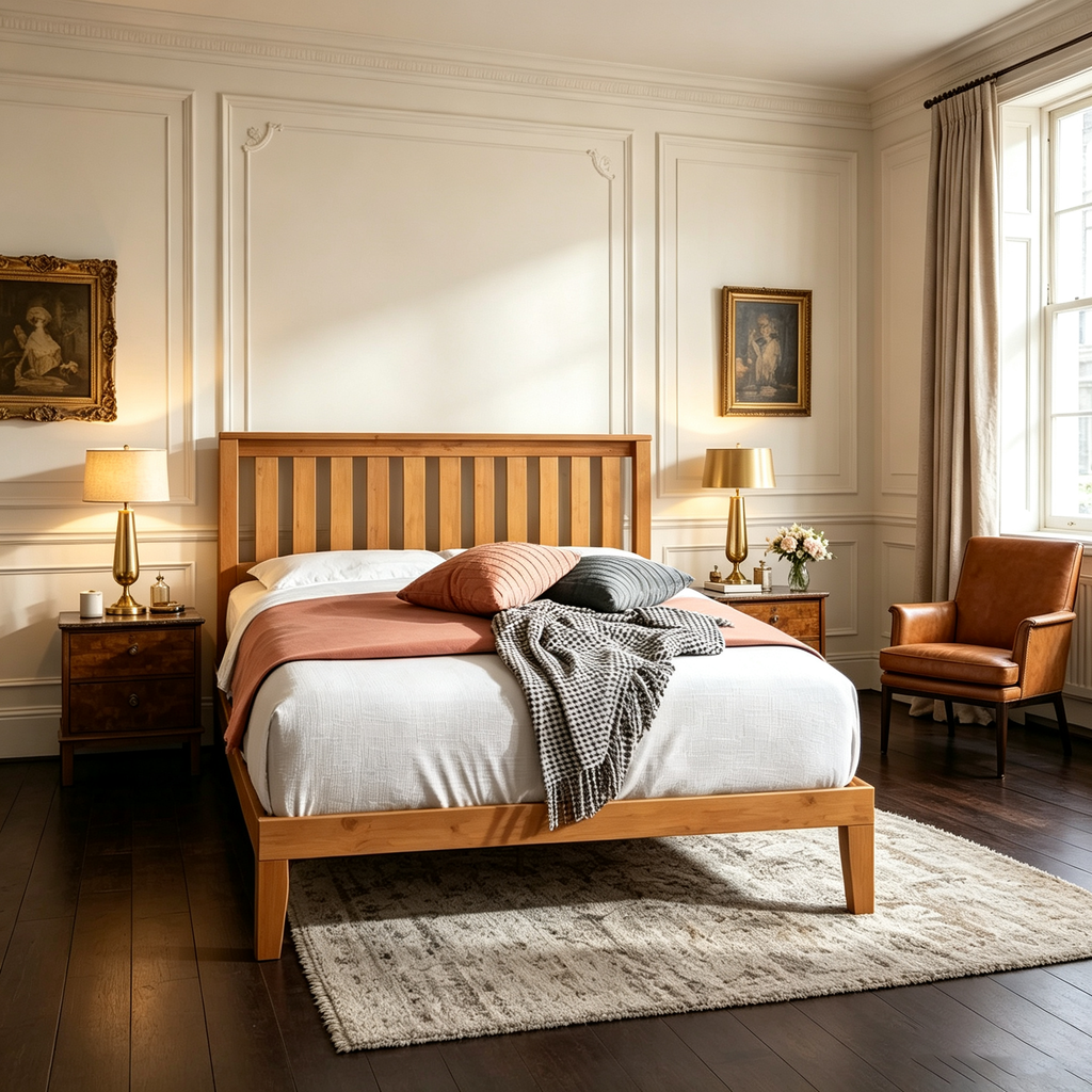 Cadre de lit plateforme double en bois standard avec tête de lit naturel