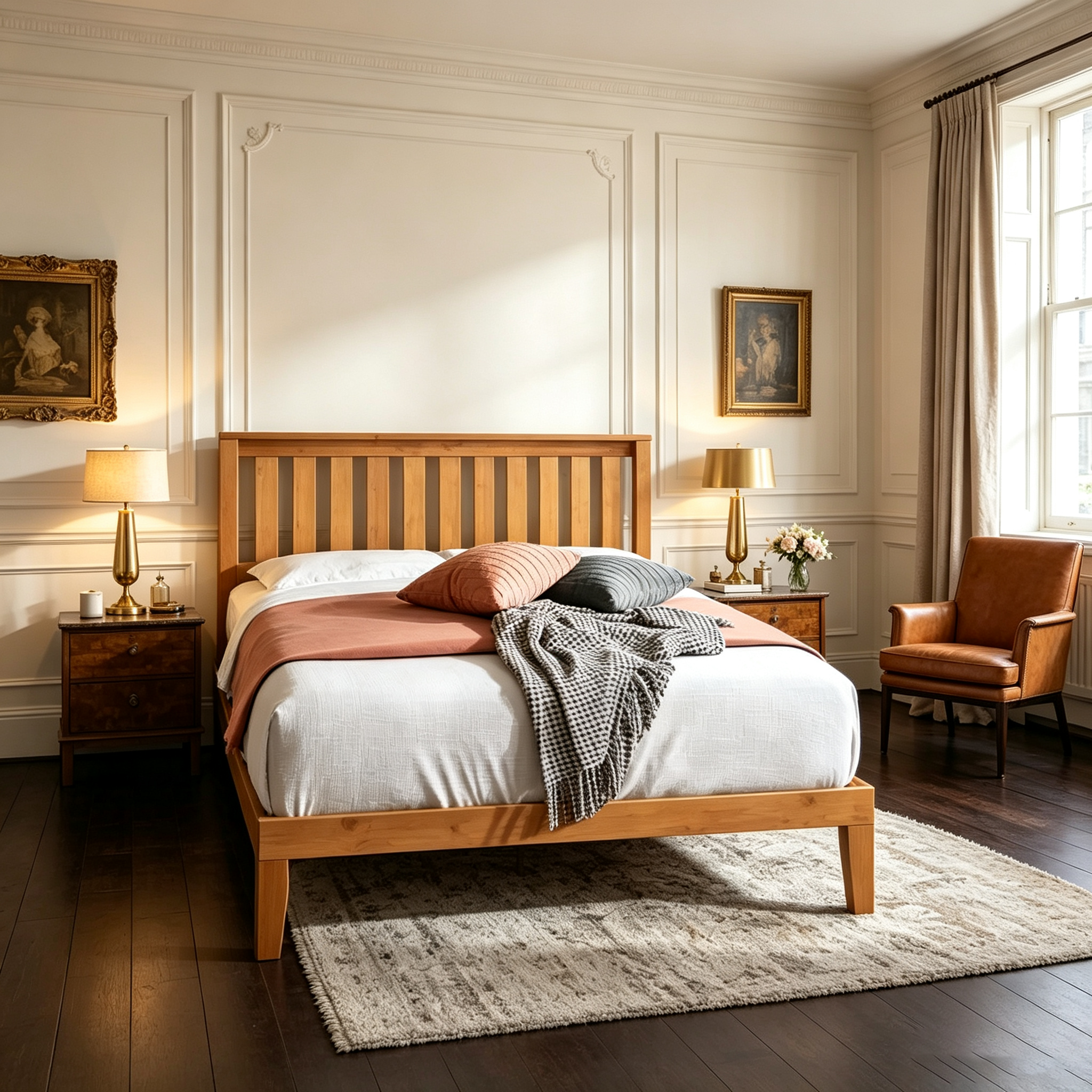 Cadre de lit plateforme double en bois standard avec tête de lit naturel